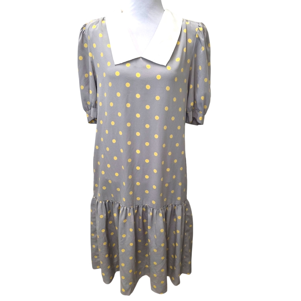 Vintage 80s Gray and Yellow Polka Dot Dress Drop Waist Women's Size 8